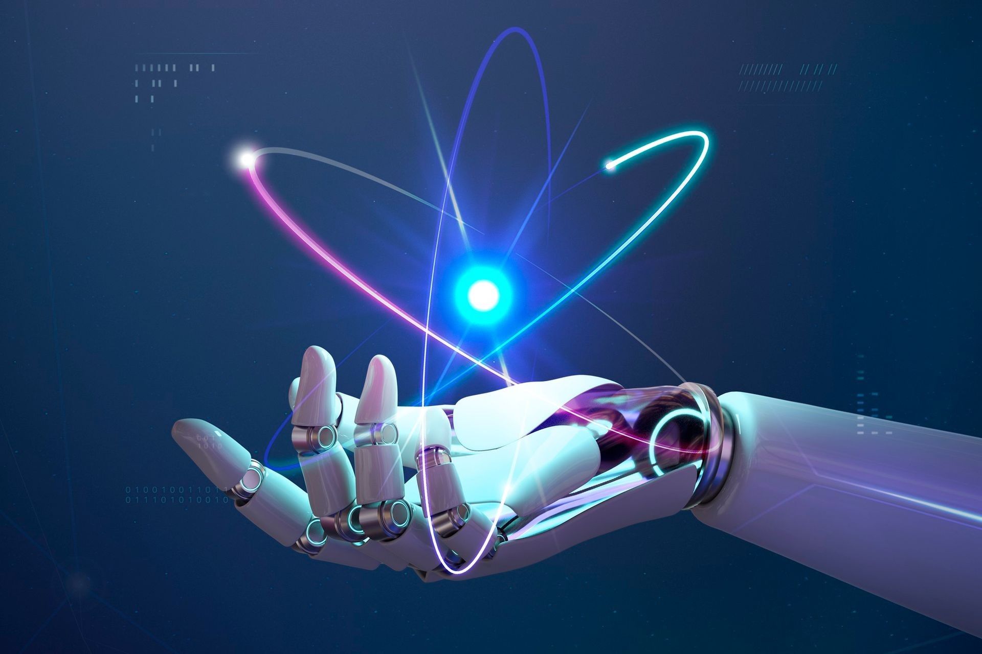 Futuristic robotic hand holding a glowing orb with neon light trails on a dark background.