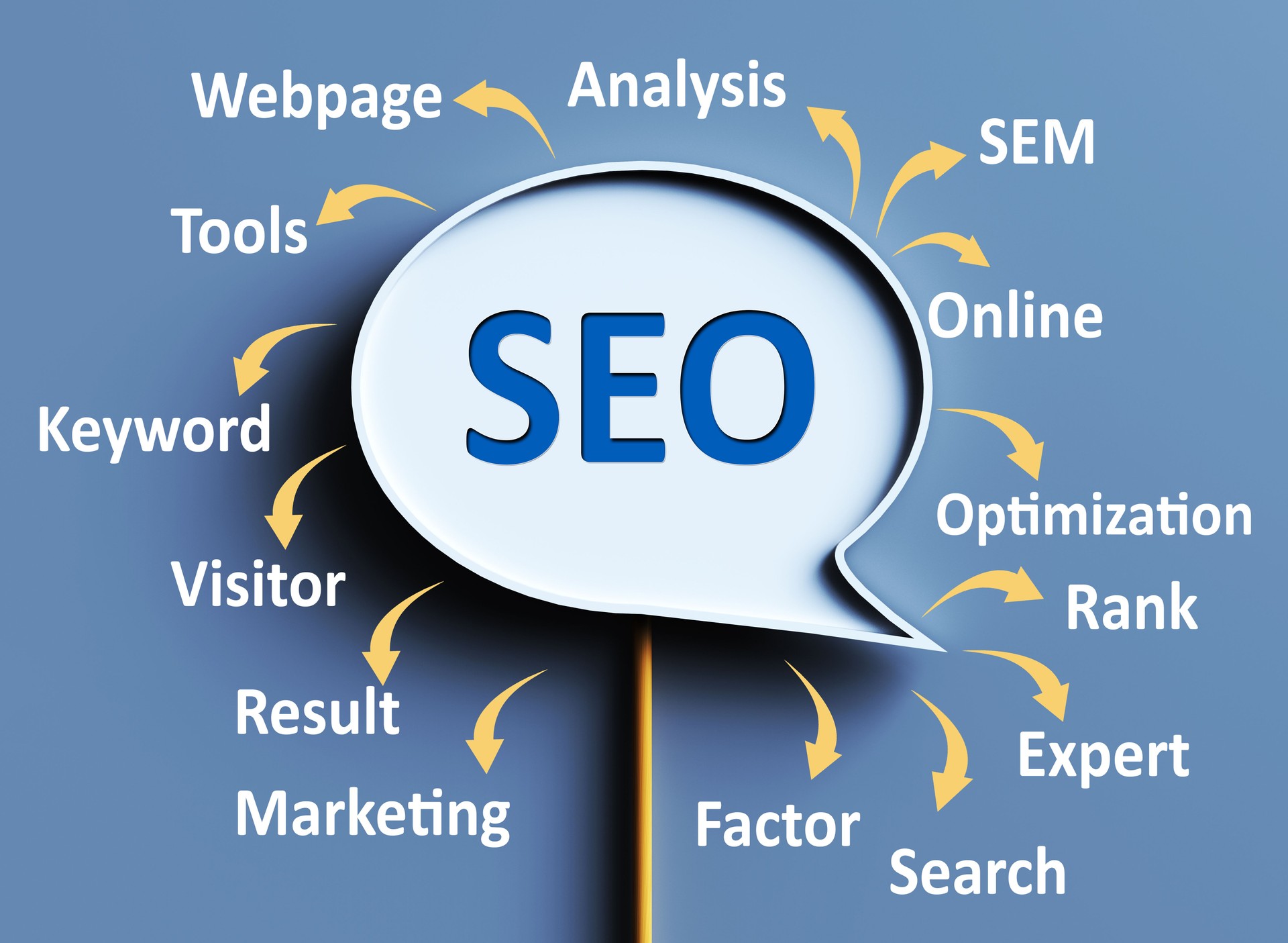 Speech Bubble With SEO Text On Blue Background